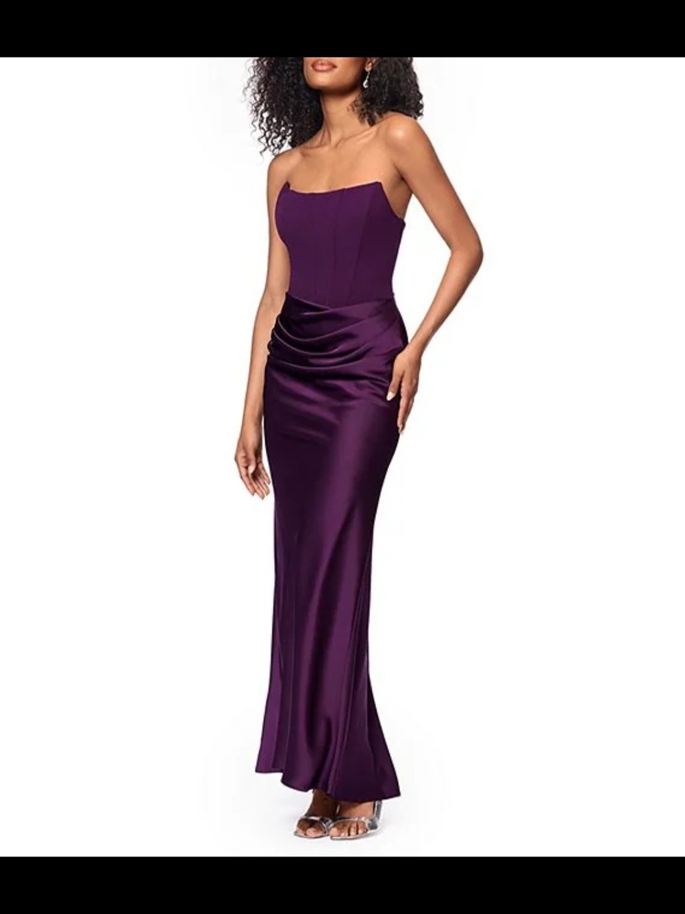 Betsy & Adam Strapless Plum Satin Evening Gown